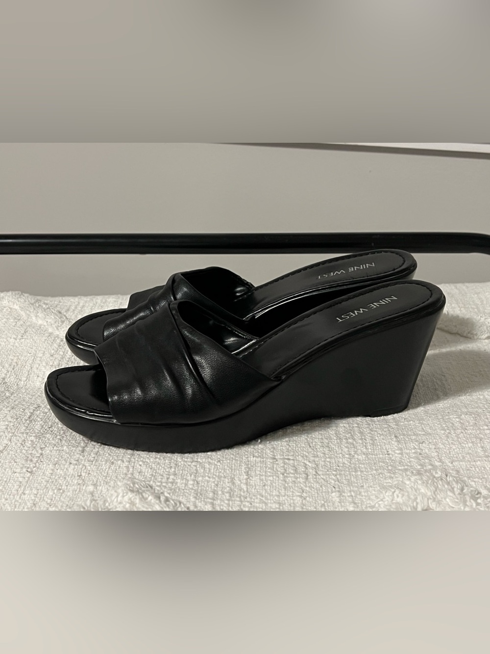 Nine West Black Leather Ruched Wedge Slide Sandals